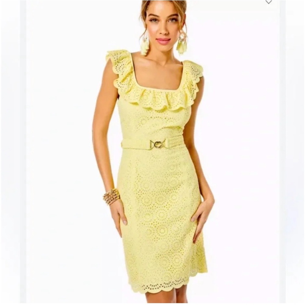 Lilly Pulitzer Yellow Ryann Eyelet Dress size 14 with belt
